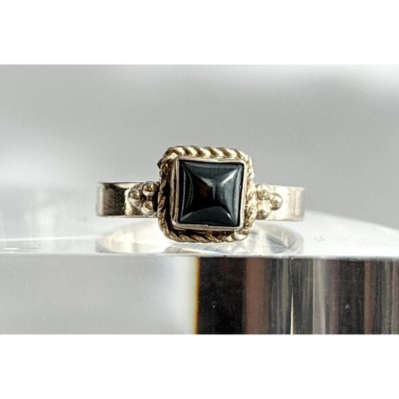 Black Onyx Square Bezel Set Rope Framed 925 Sterling Silver Vintage Ring - sz 6 - Picture 1 of 11